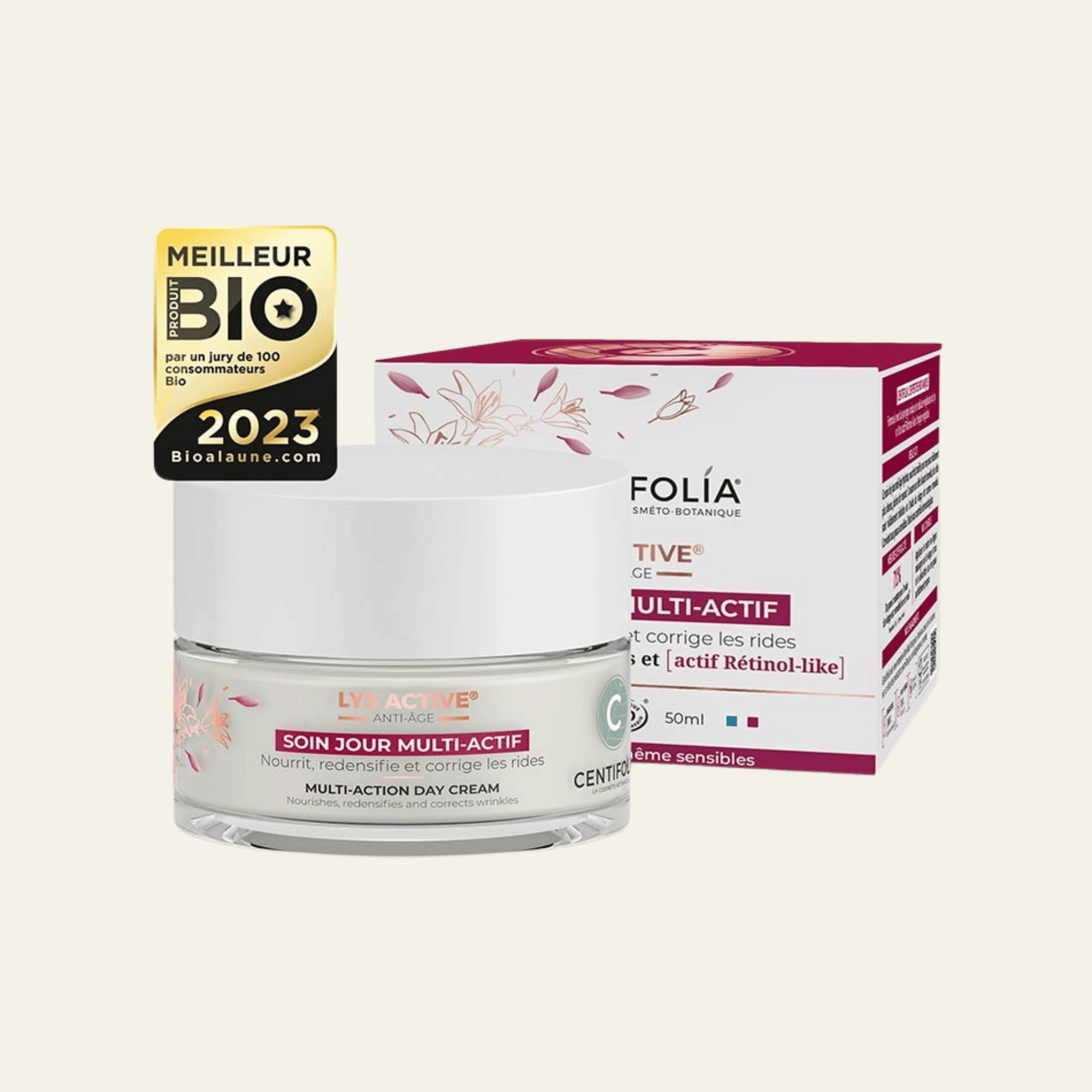 Soin jour multi-actif anti-âge Centifolia 50 ml aux cellules de lys et actif rétinol-like. Crème bio pour peaux matures.