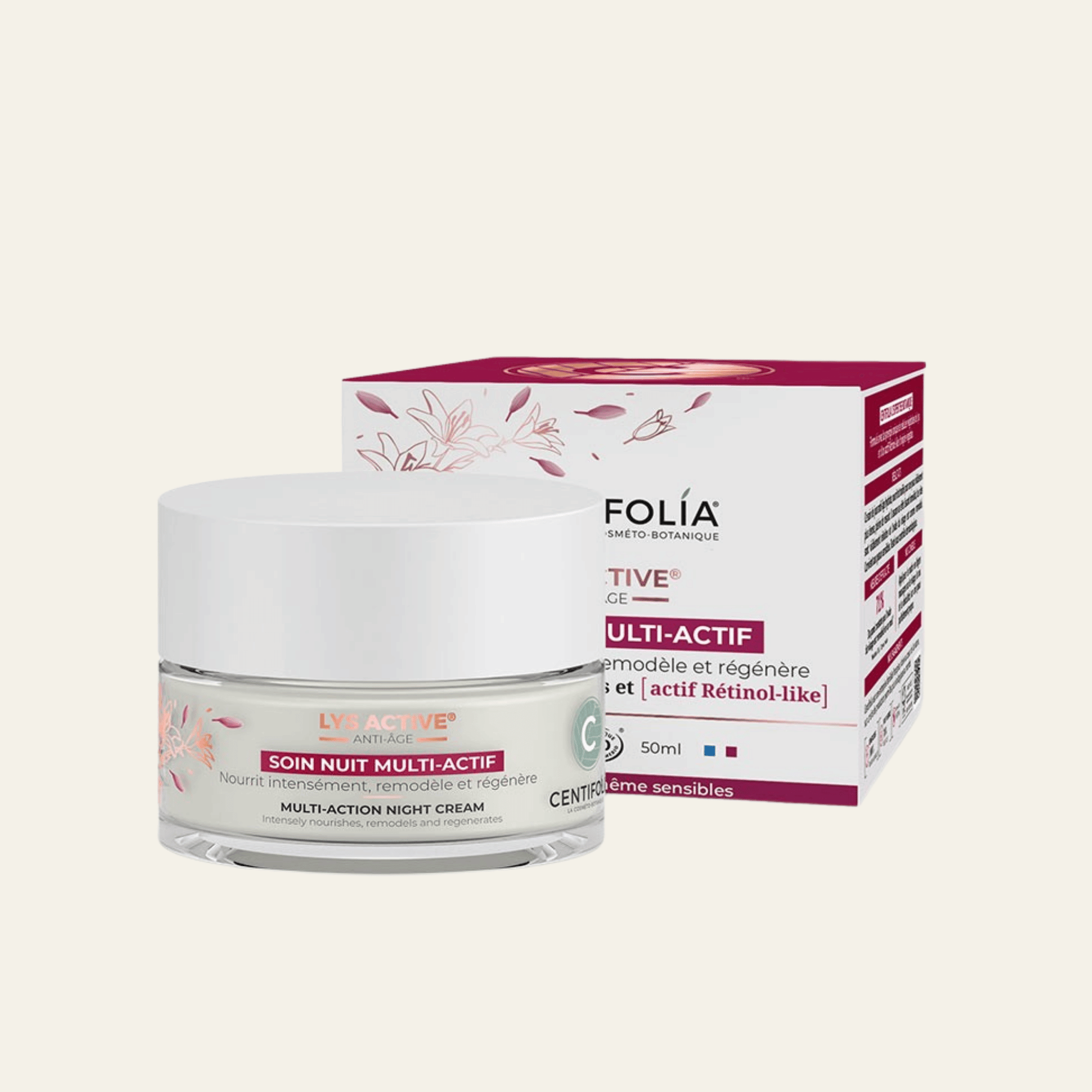 Soin nuit multi-actif anti-âge Centifolia 50 ml aux cellules de Lys, actif rétinol-like, karité et aloe vera. Bio, vegan et fabriqué en France.