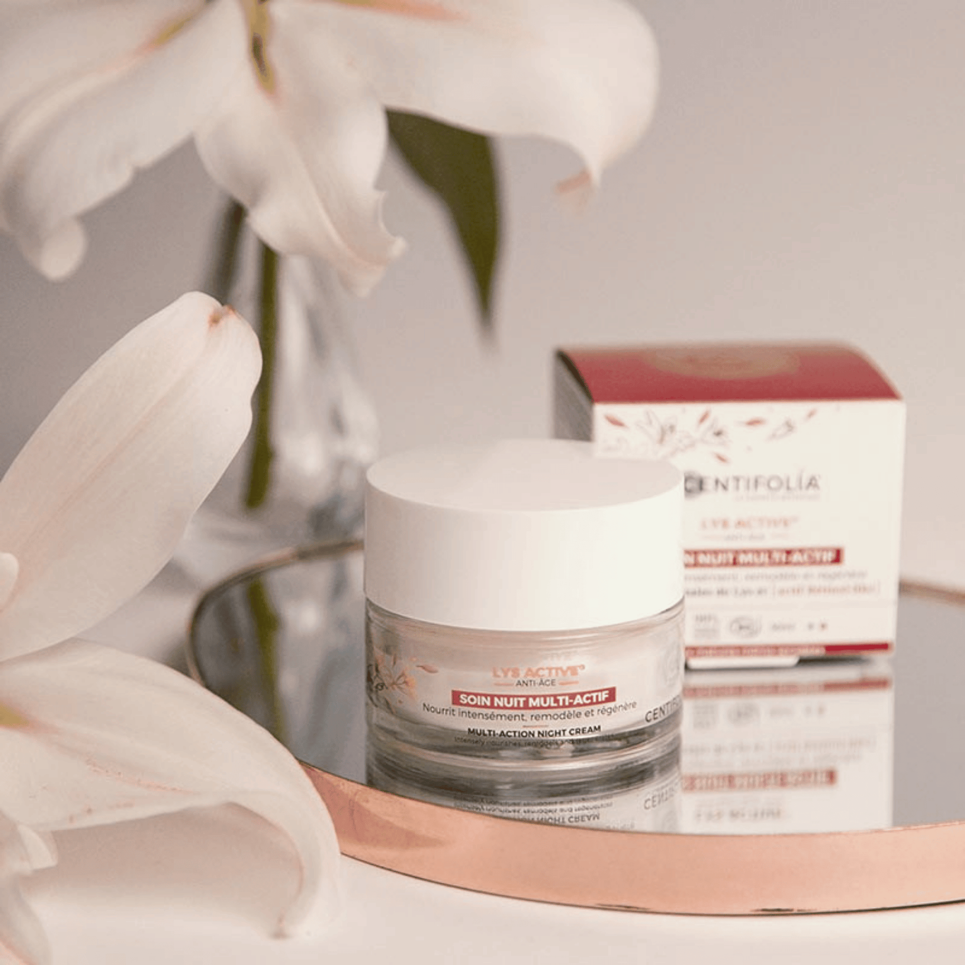 Soin nuit multi-actif anti-âge Centifolia 50 ml aux cellules de Lys, actif rétinol-like, karité et aloe vera. Bio, vegan et fabriqué en France.