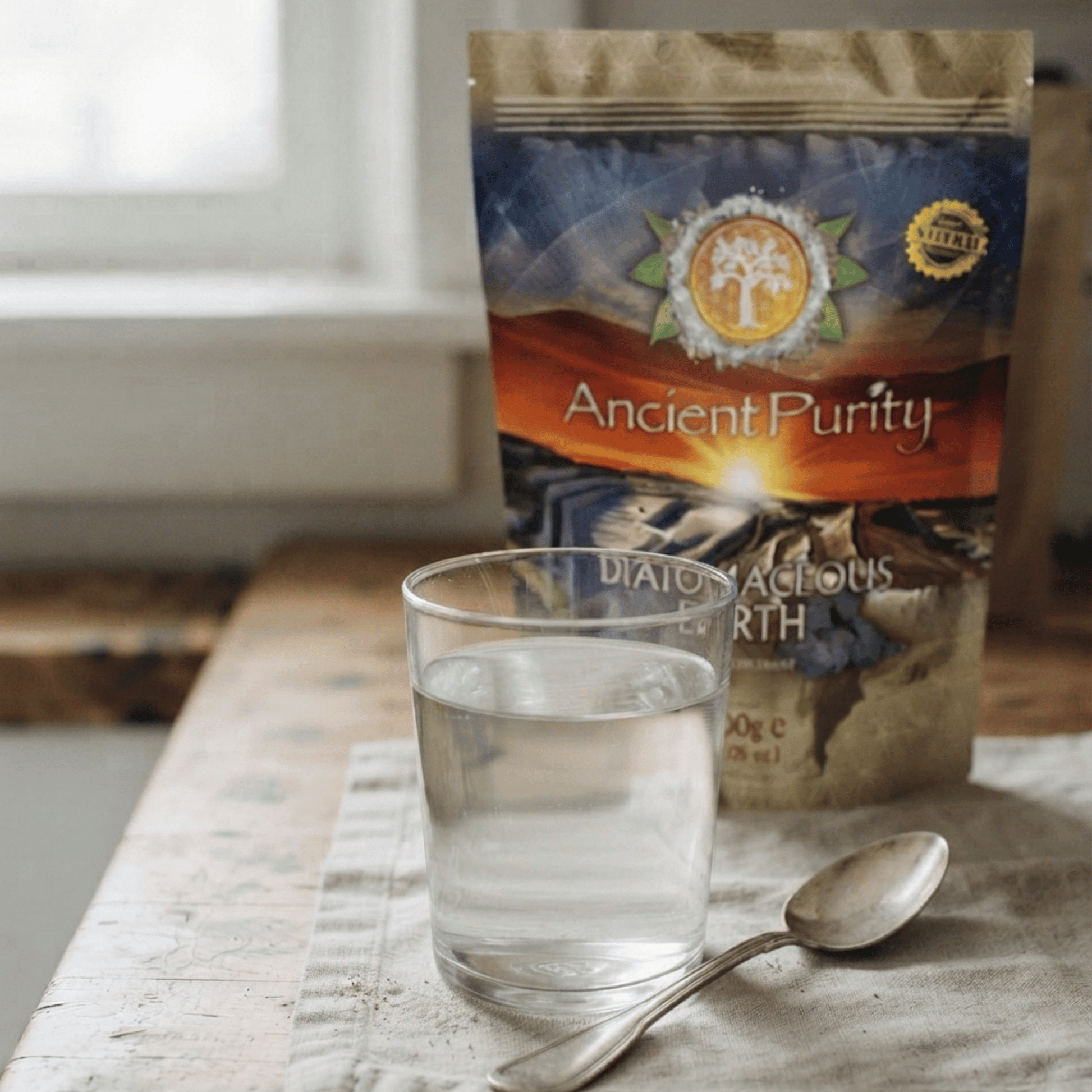 Terre de diatomée alimentaire Ancient Purity 200 g, source eau douce, non chauffée et non traitée. Poudre minérale naturelle riche en silice.