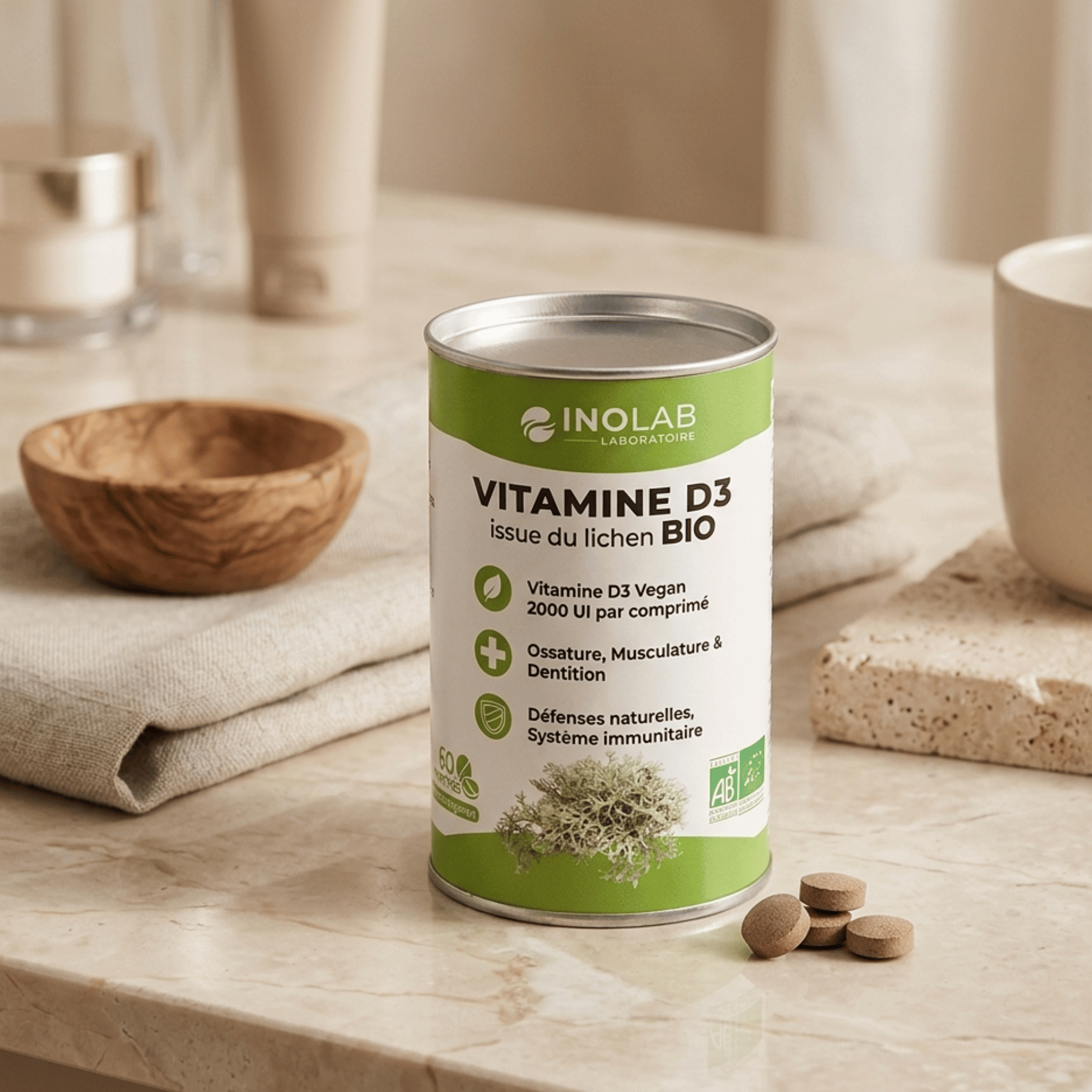 Vitamine d3 en capsules issue du lichen bio vendu en suisse chez terrame